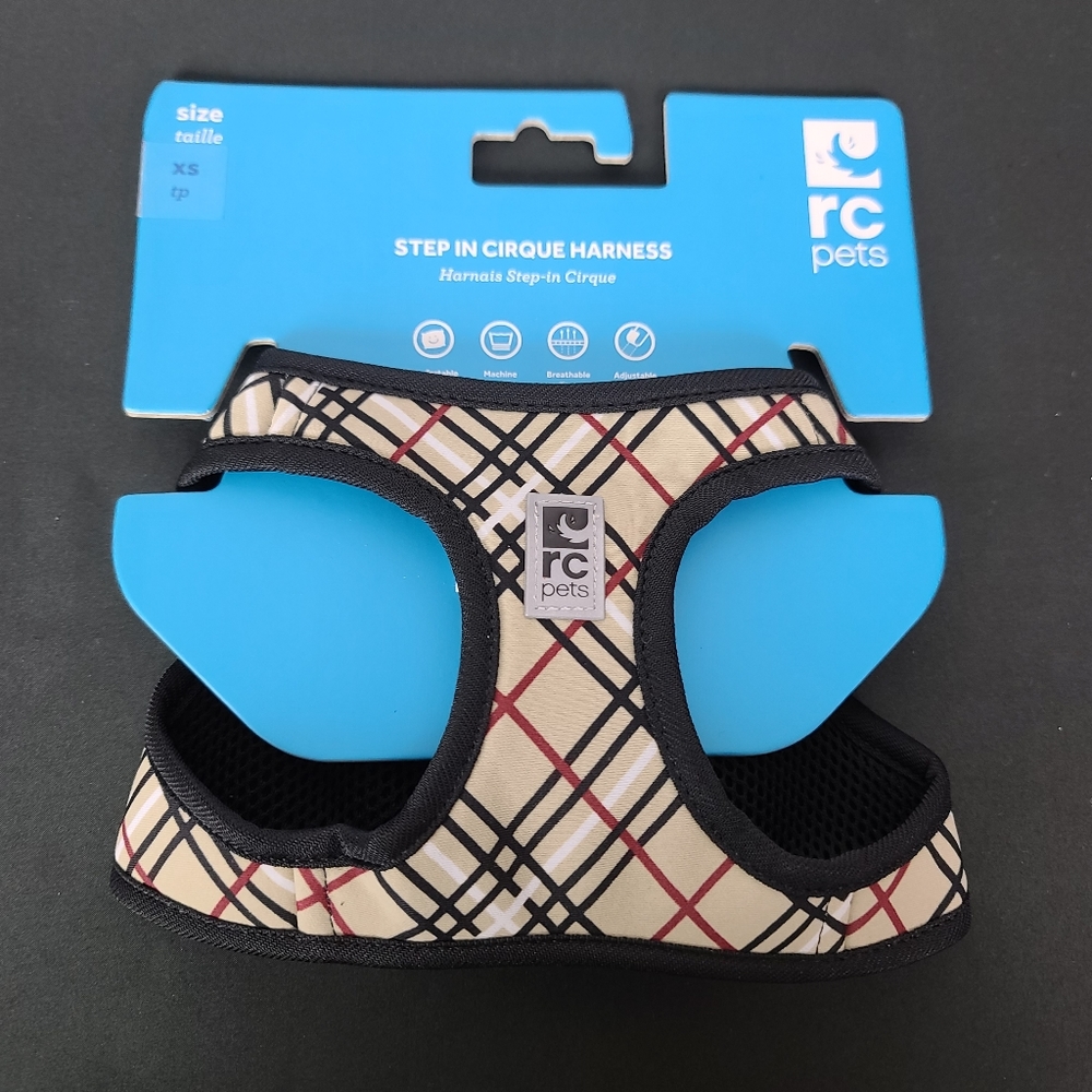RC Pets Step in Harness Sz XS Tan, Maroon,Black,and White Plaid.